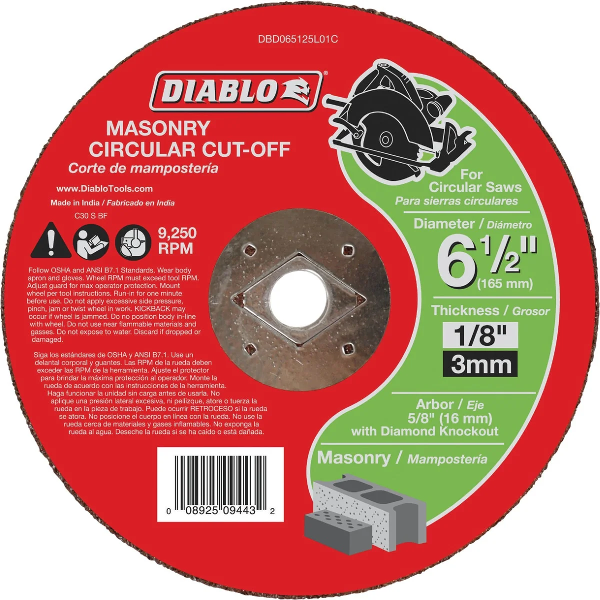 Safe Diablo Type 1 6-1 2 In. x 1 8 In. x 5 8 In. Masonry Cut-Off Wheel Solid