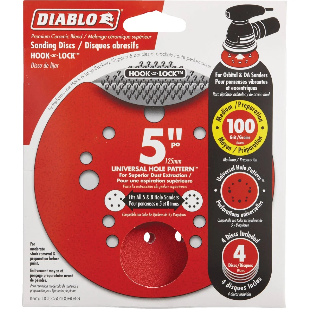 Organic Diablo 5 In. 100-Grit Universal Hole Pattern Vented Sanding Disc with Hook and Lock Backing 4-Pack Dependable