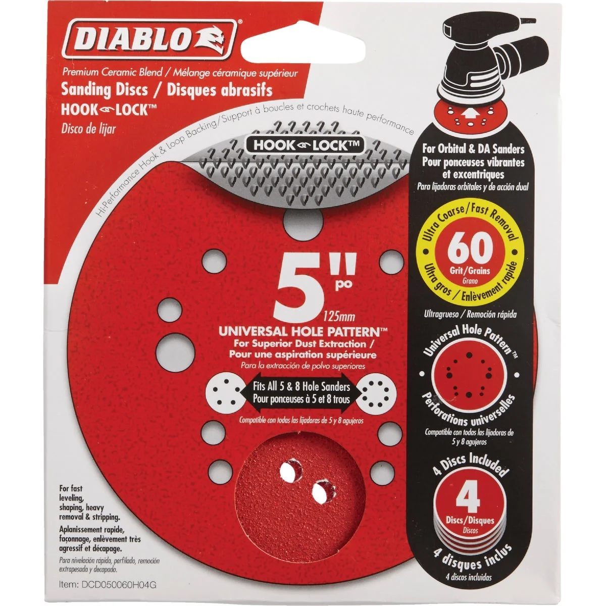 Clean Diablo 5 In. 60-Grit Universal Hole Pattern Vented Sanding Disc with Hook and Lock Backing 4-Pack Pure