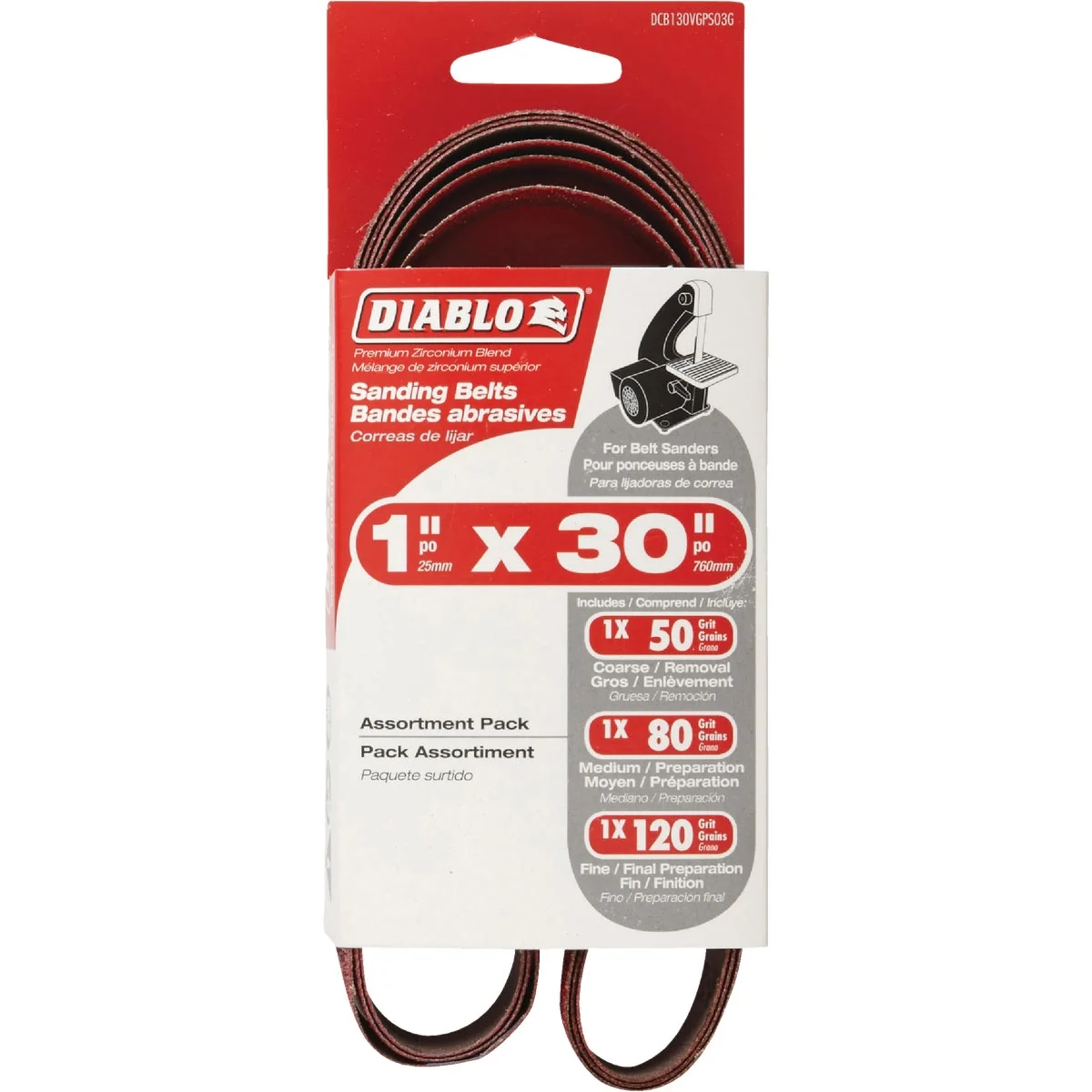 Breathable Diablo 1 In. x 30 In. 50 80 120 Grit General Purpose Sanding Belt 3-Pack Dependable