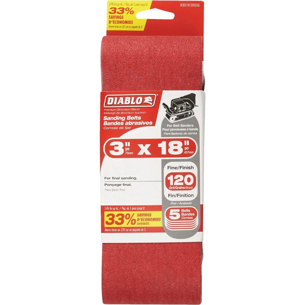 Reliable Diablo 3 In. x 18 In. 120 Grit General Purpose Sanding Belt 5-Pack Detailed