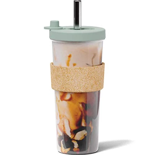 Fashionable Sage Green 24 oz Reusable Boba Cup and Straw Bubble Tea Cup with Wide Lid and Straw Clean