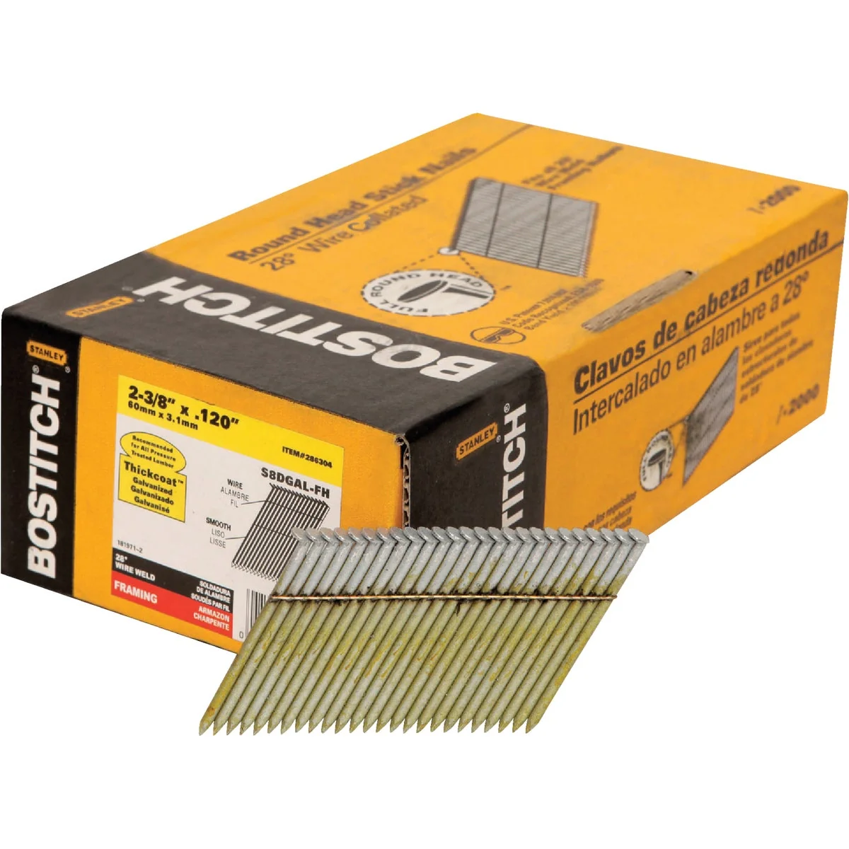 High-Quality Bostitch 28 Degree Wire Weld Galvanized Smooth Shank Offset Round Head Framing Stick Nail 2-3 8 In. x .120 In. 2000 Ct. Solid