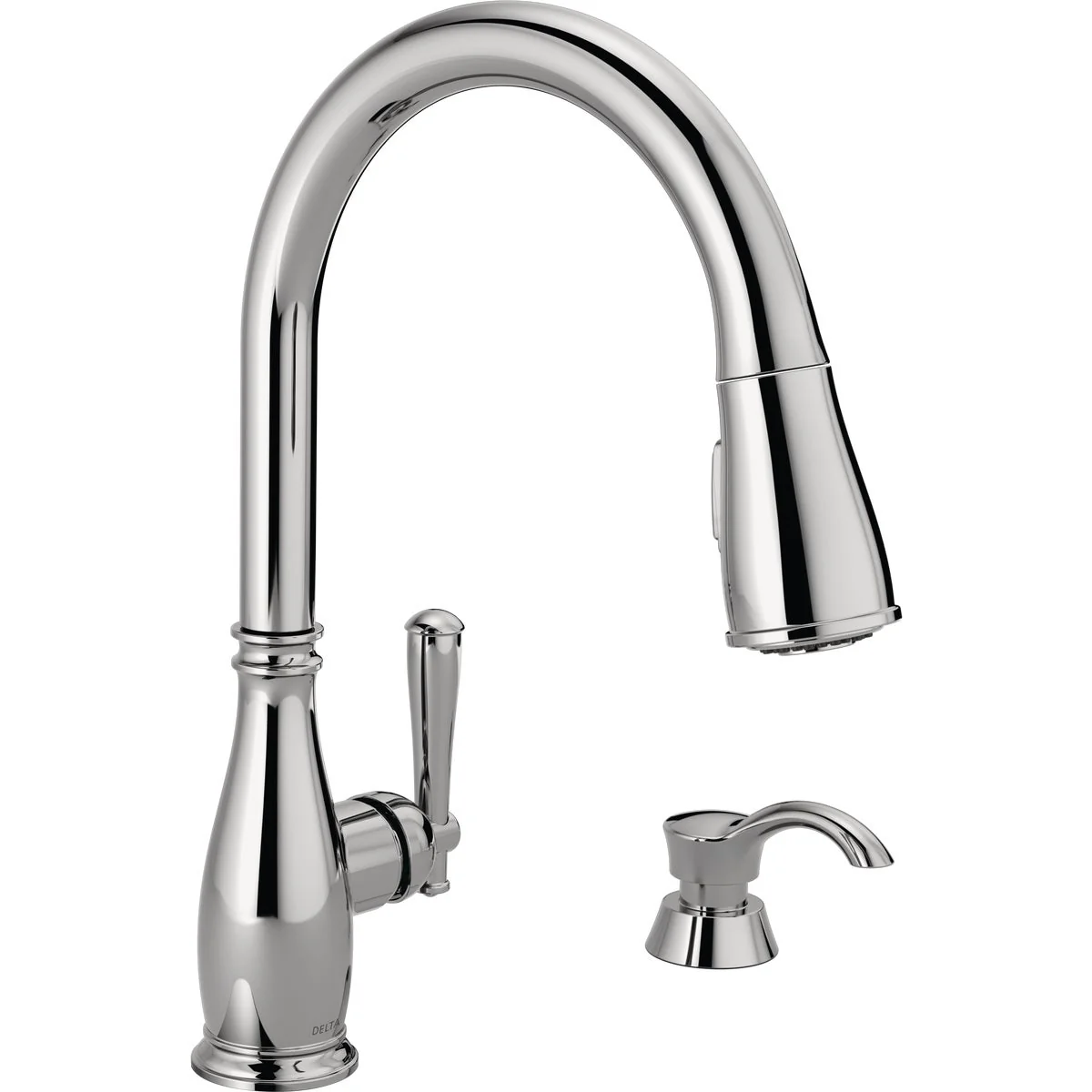 Unique Delta Charmaine Chrome Single Handle Pull-Down Kitchen Faucet with Soap Dispenser Next-Generation