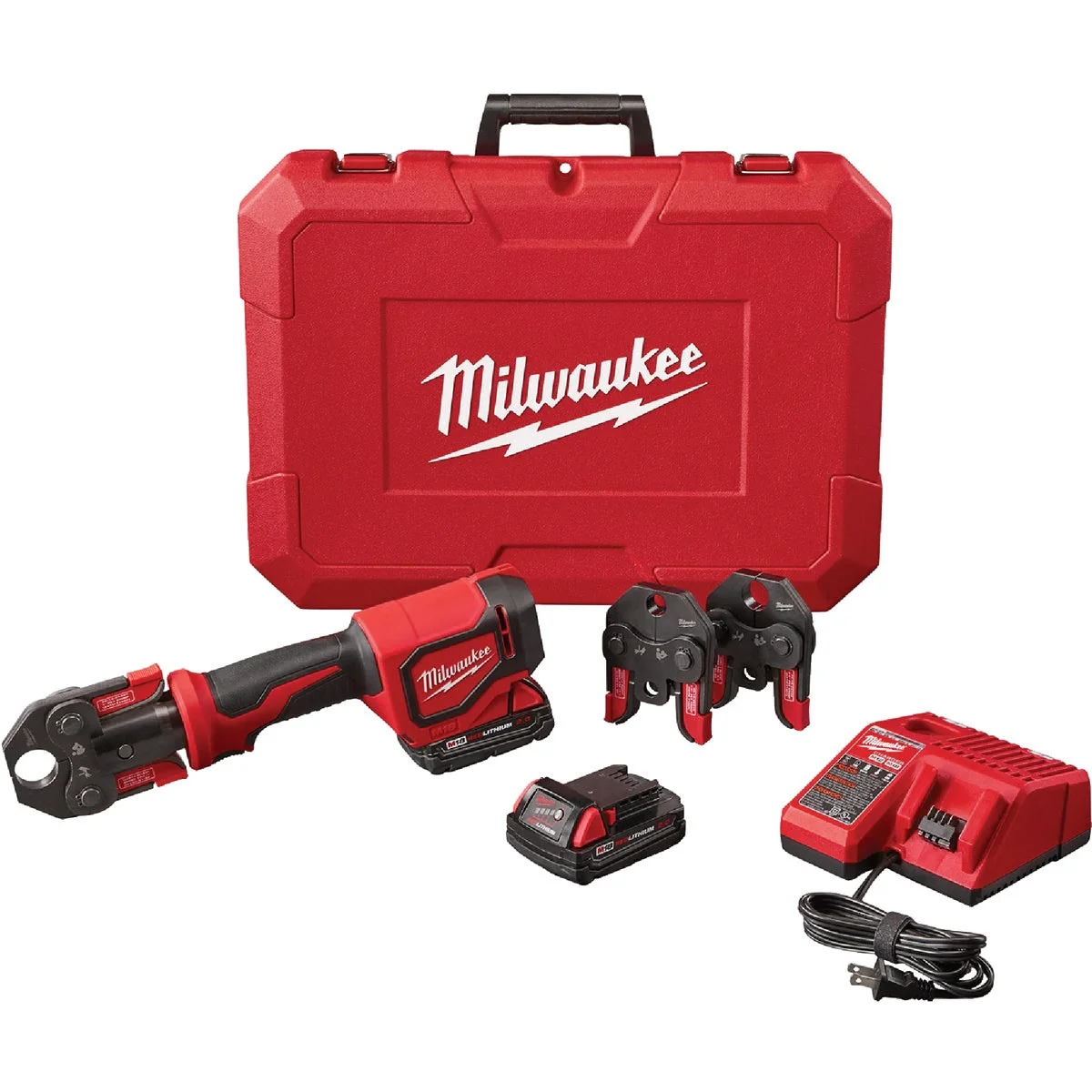 Solid Milwaukee M18 18 Volt Lithium-Ion Short Throw Cordless Press Tool Kit w 3 PEX Crimp Jaws Pure