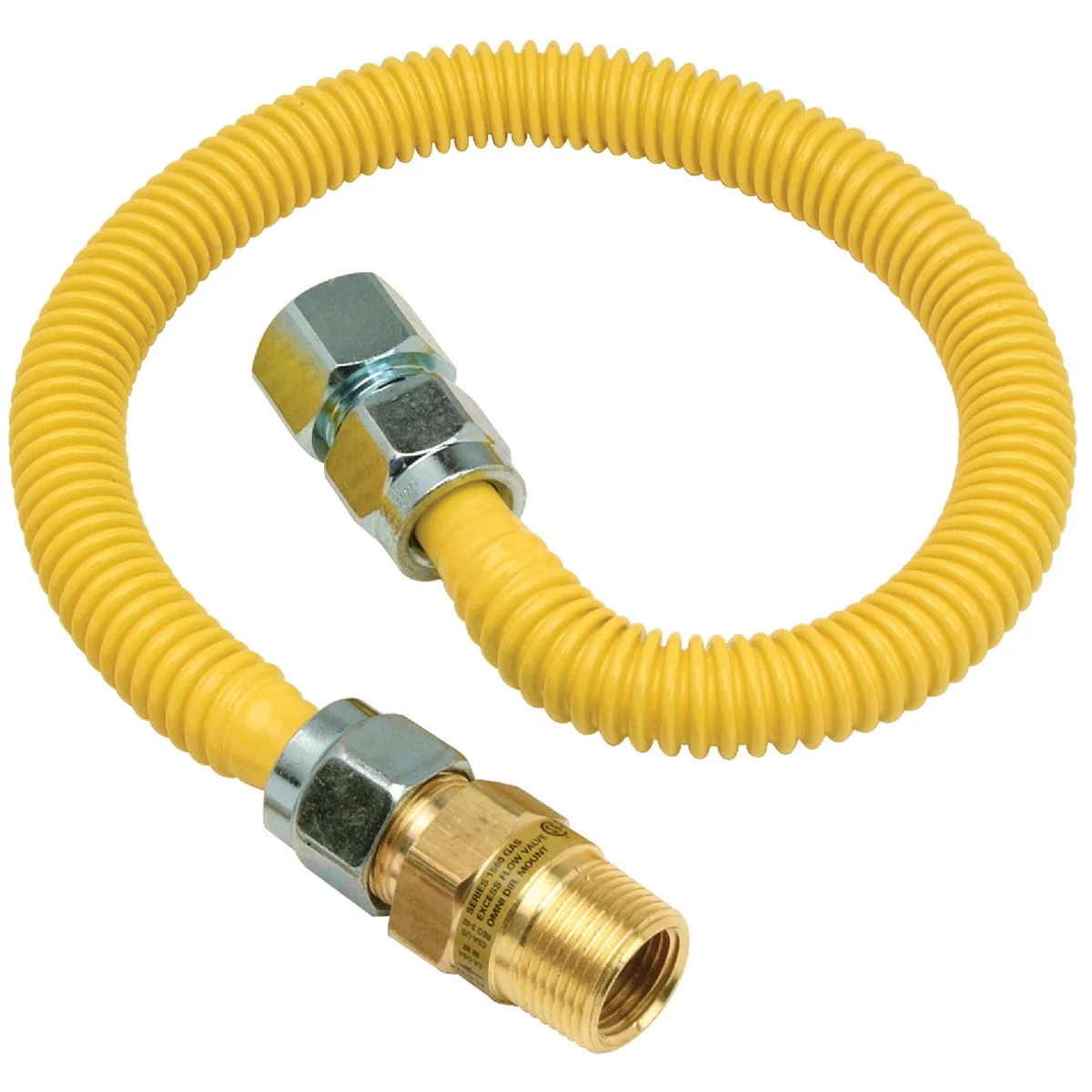 Recyclable Dormont 5 8 In. OD x 48 In. Coated Stainless Steel Gas Connector 3 4 In. FIP x 1 2 In. MIP SmartSense incl. 1 2 In. FIP x 3 4 In. MIP Bushing Relaxed