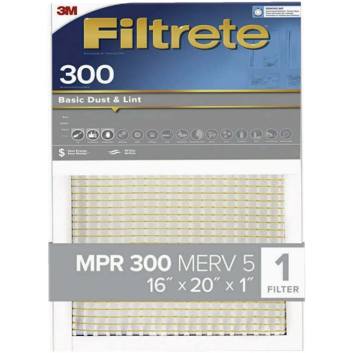 Long-Lasting 3M Filtrete 12 In. x 20 In. x 1 In. Basic Dust Lint 300 MPR Furnace Filter Recyclable