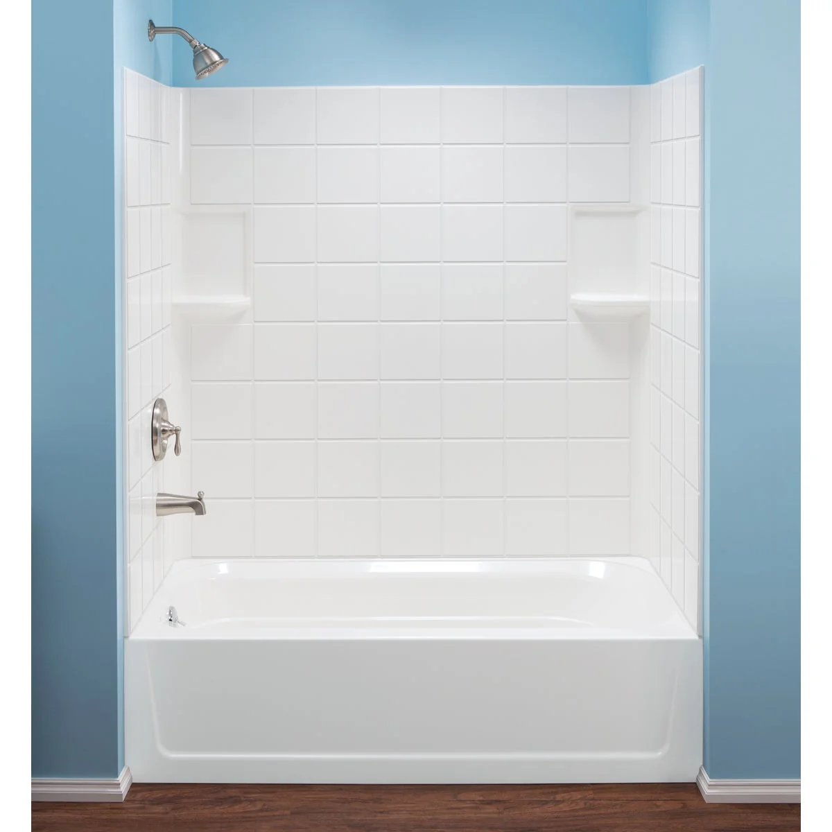 Safe Mustee Topaz 3-Piece 60 In. L x 30 In. D Bathtub Tub Wall Kit in White Tile Pattern Dependable