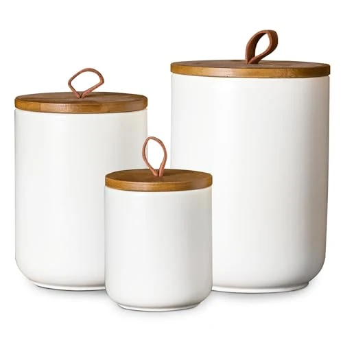 Efficient White Ceramic Canister with Bamboo Lid 3 Count Specialty