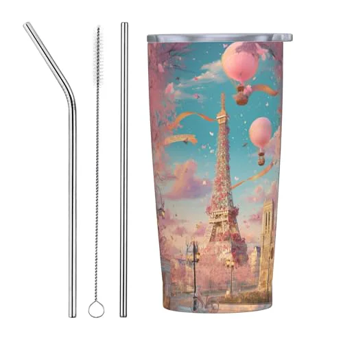Refined Paris Eiffel Tower Tumbler with Lid and Straw 20oz Coffee Tumblers Leakproof Stainless Steel Travel Mug Vacuum Insulated Cup for Iced and Hot 20 Count Durable