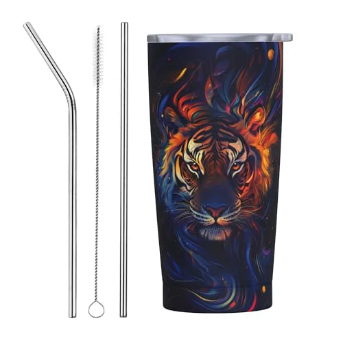 Crafted Tiger Tumbler with Lid and Straw 20oz Coffee Tumblers Leakproof Stainless Steel Travel Mug Vacuum Insulated Cup for Iced and Hot 20 Count Casual