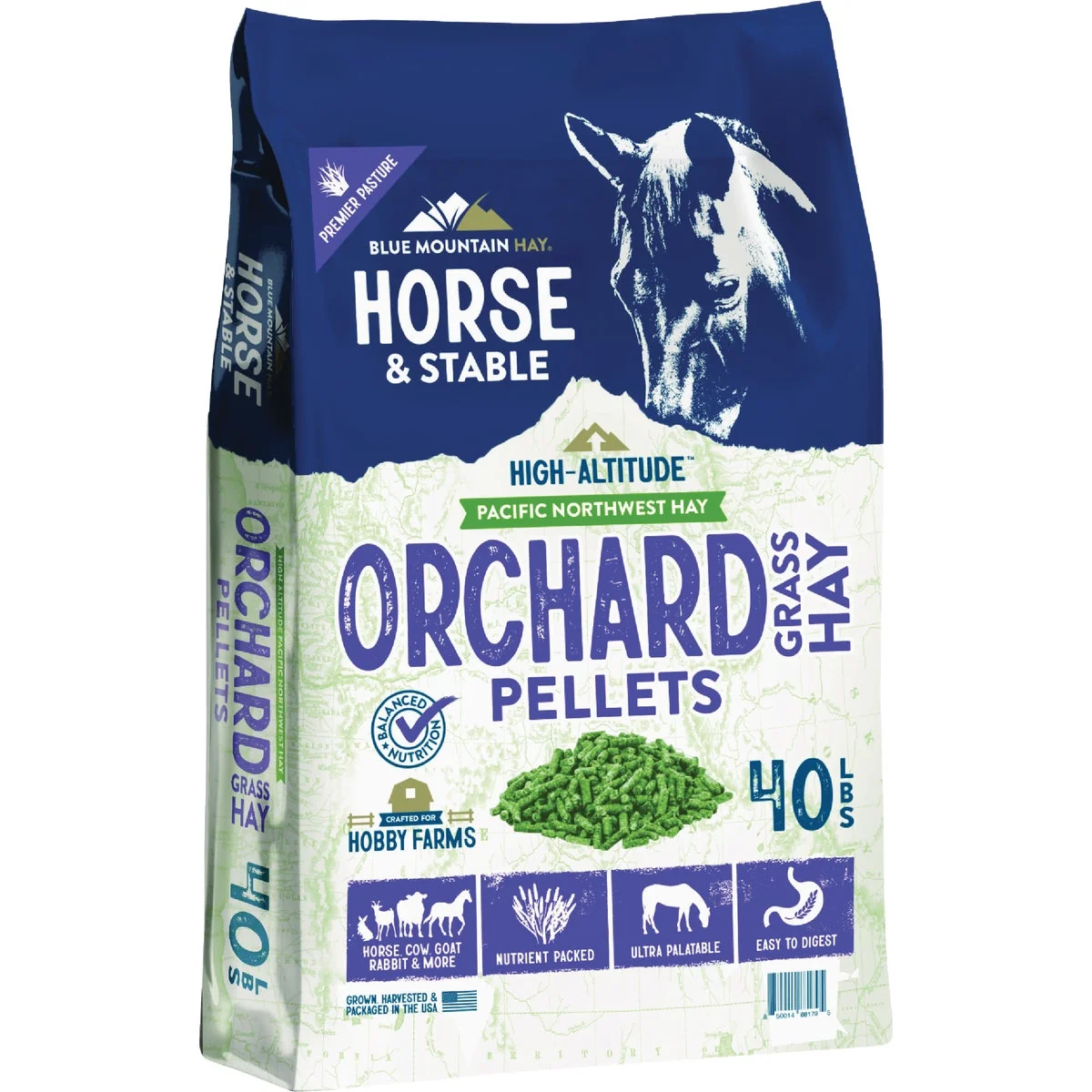 Long-Lasting Blue Mountain Hay High Altitude 40 Lb. Orchard Grass Hay Pellets Detailed