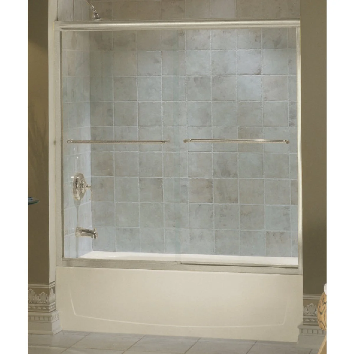 Refined Sterling Finesse 59-5 8 In. W X 55-3 4 In. H Nickel Semi-Frameless Clear Glass Sliding Tub Door High-Grade