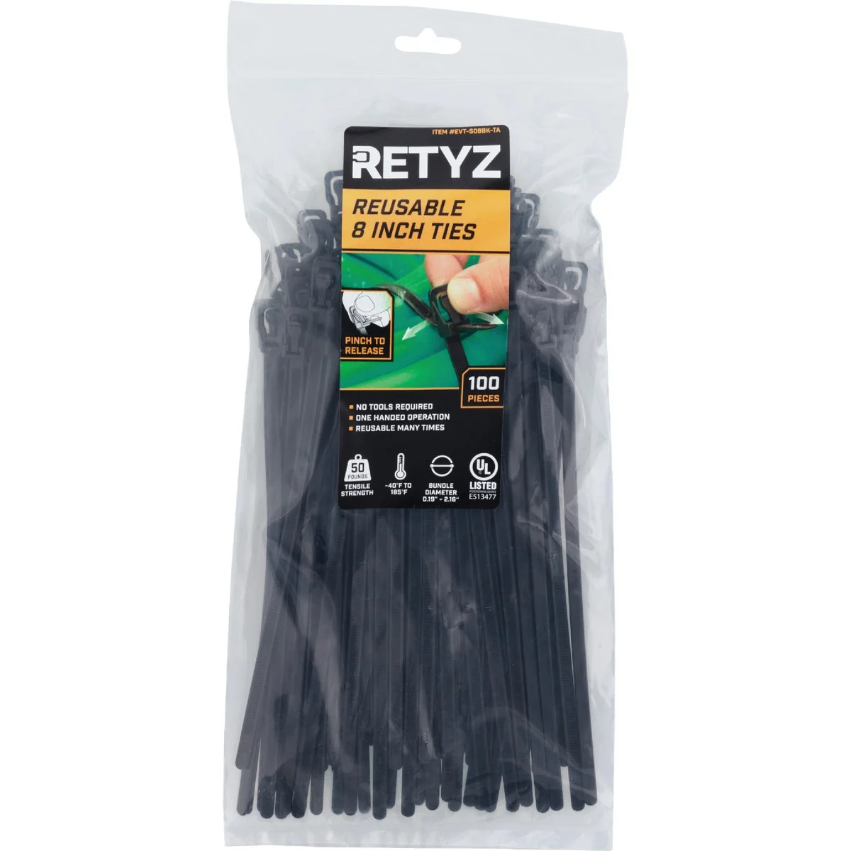 Smooth RETYZ EveryTie 8 In. Black Releasable Tie 100-Pack Certified
