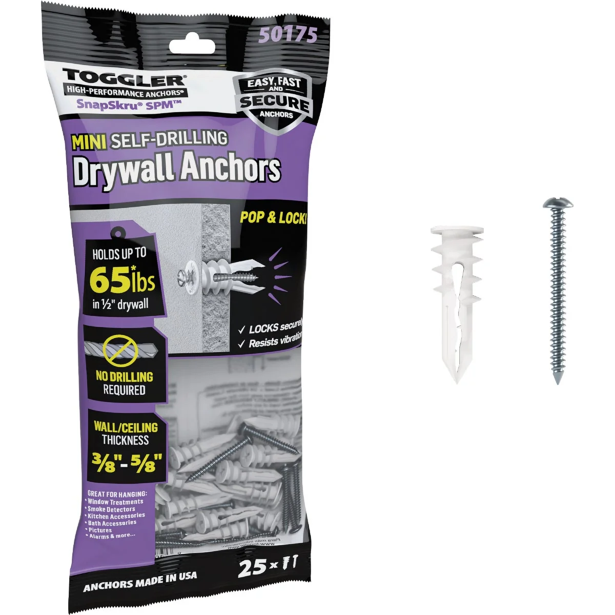 Long-Lasting Toggler SnapSkru 6 x 1-1 4 In. 65 Lb. Nylon Self-Drilling Mini Drywall Anchor 25 Ct. Excellent