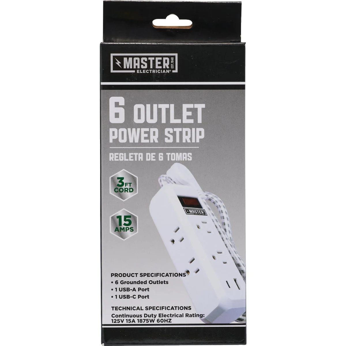 Practical Master Electrician 6-Outlet 4 USB 1350J White Surge Strip with 3 Ft. Cord Artisan