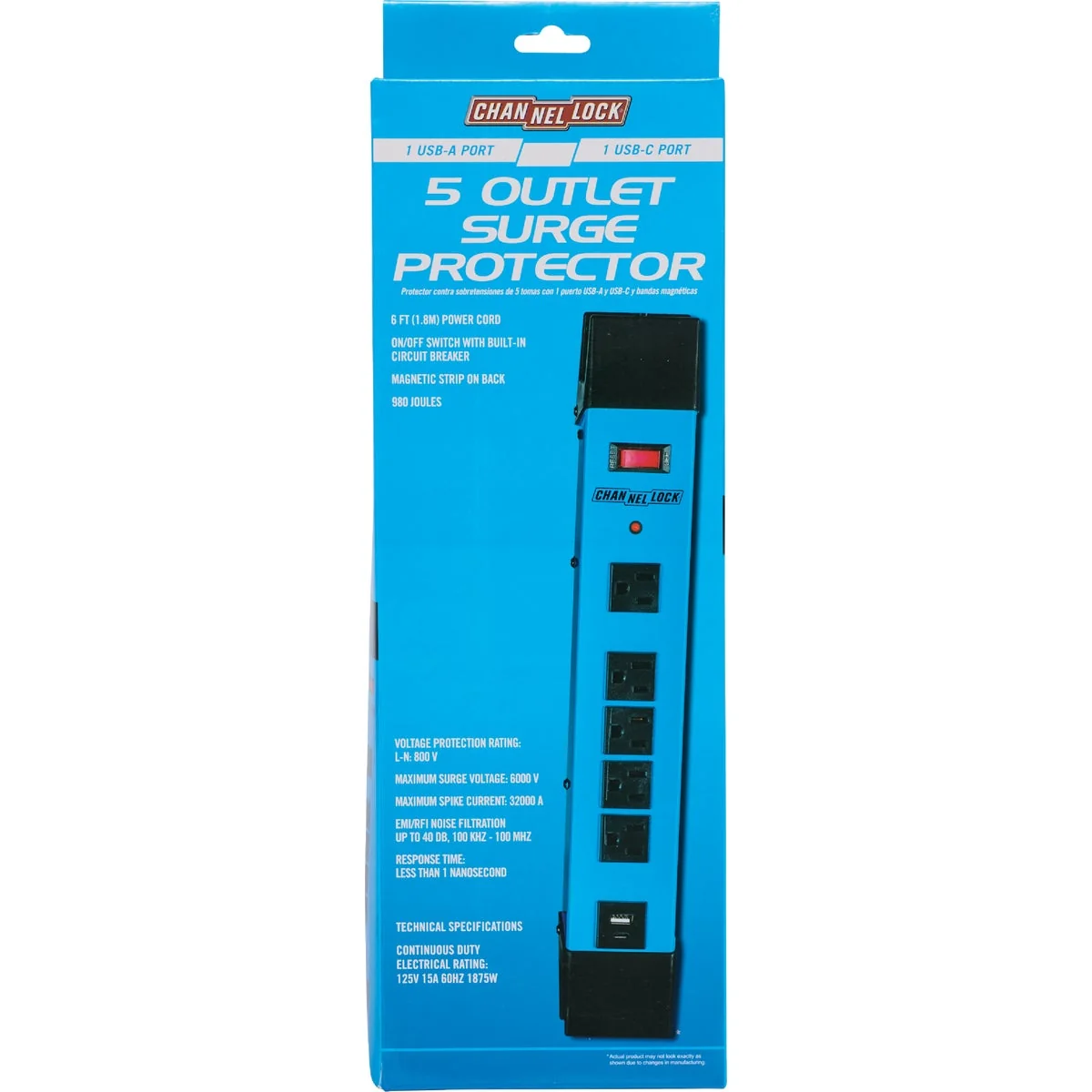 Casual Channellock 5-Outlet 2 USB Blue Power Strip Breathable