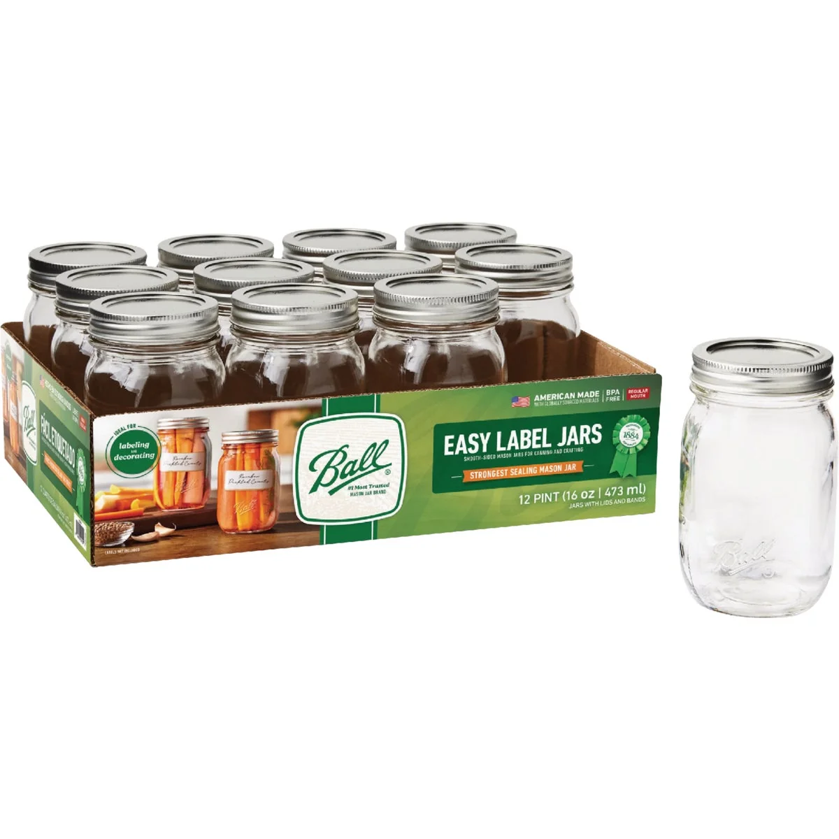 Reliable Ball 1 Pt. Easy-Label Regular Mouth Smooth-Sided Mason Jar 12-Count Environmentally Friendly