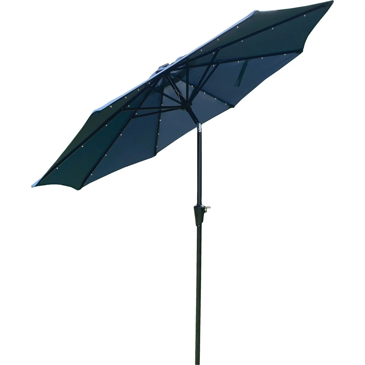 Quality 9 Ft. Aluminum Tilt Crank Heather Blue Patio Umbrella with Solar LED Lights - PFAS Premium Material