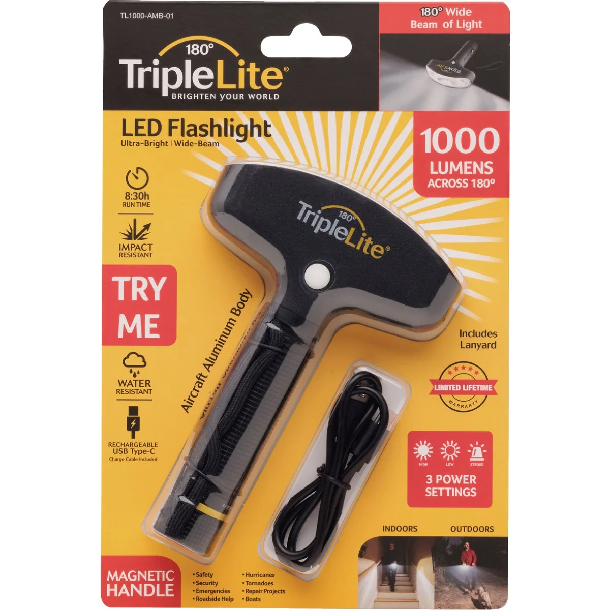 Luxury TripleLite 1000 Lm. 180 Deg Rechargeable Aircraft Aluminum Flashlight Lightweight