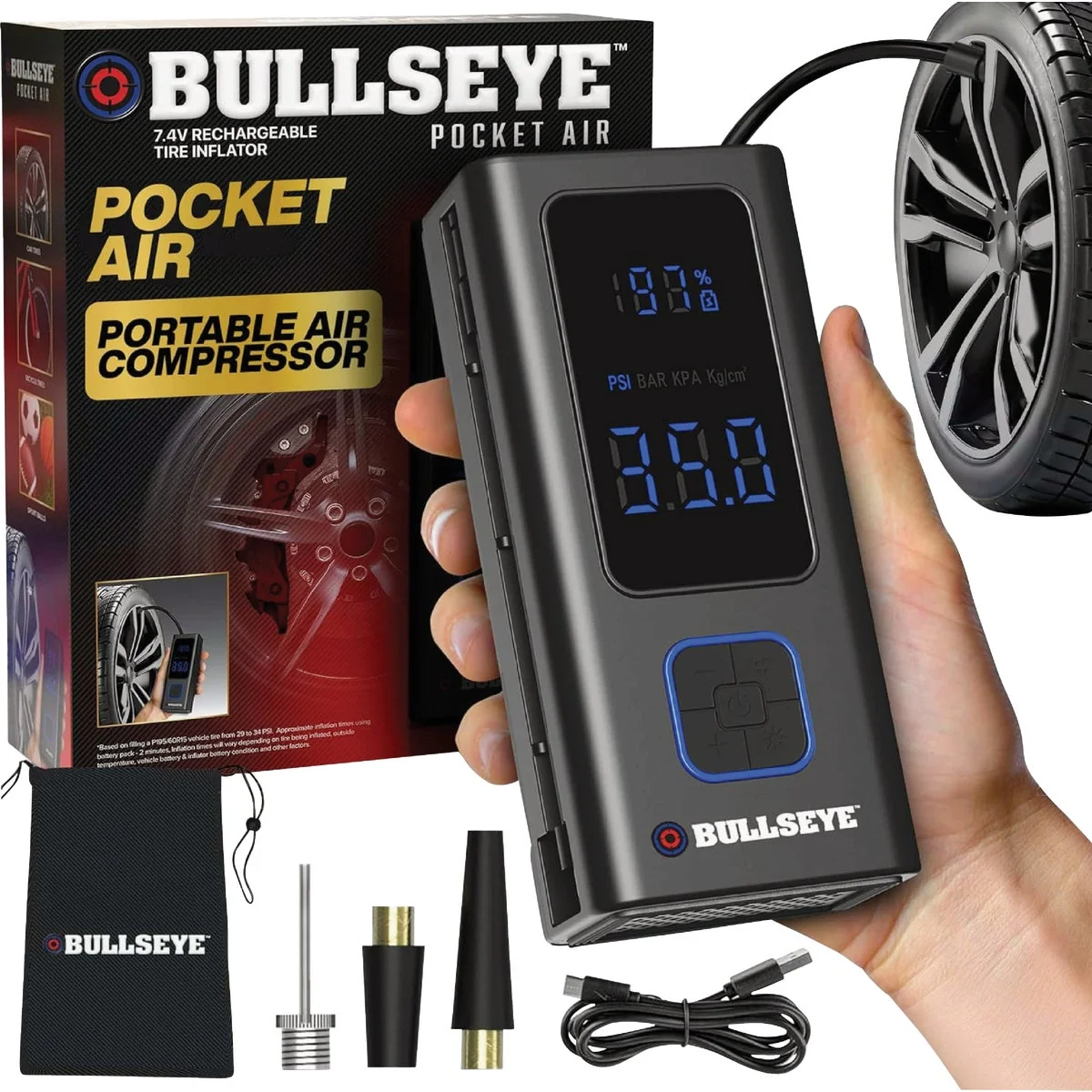 Professional Bullseye 7.4V Pocket Air Rechargeable Tire Inflator Refined