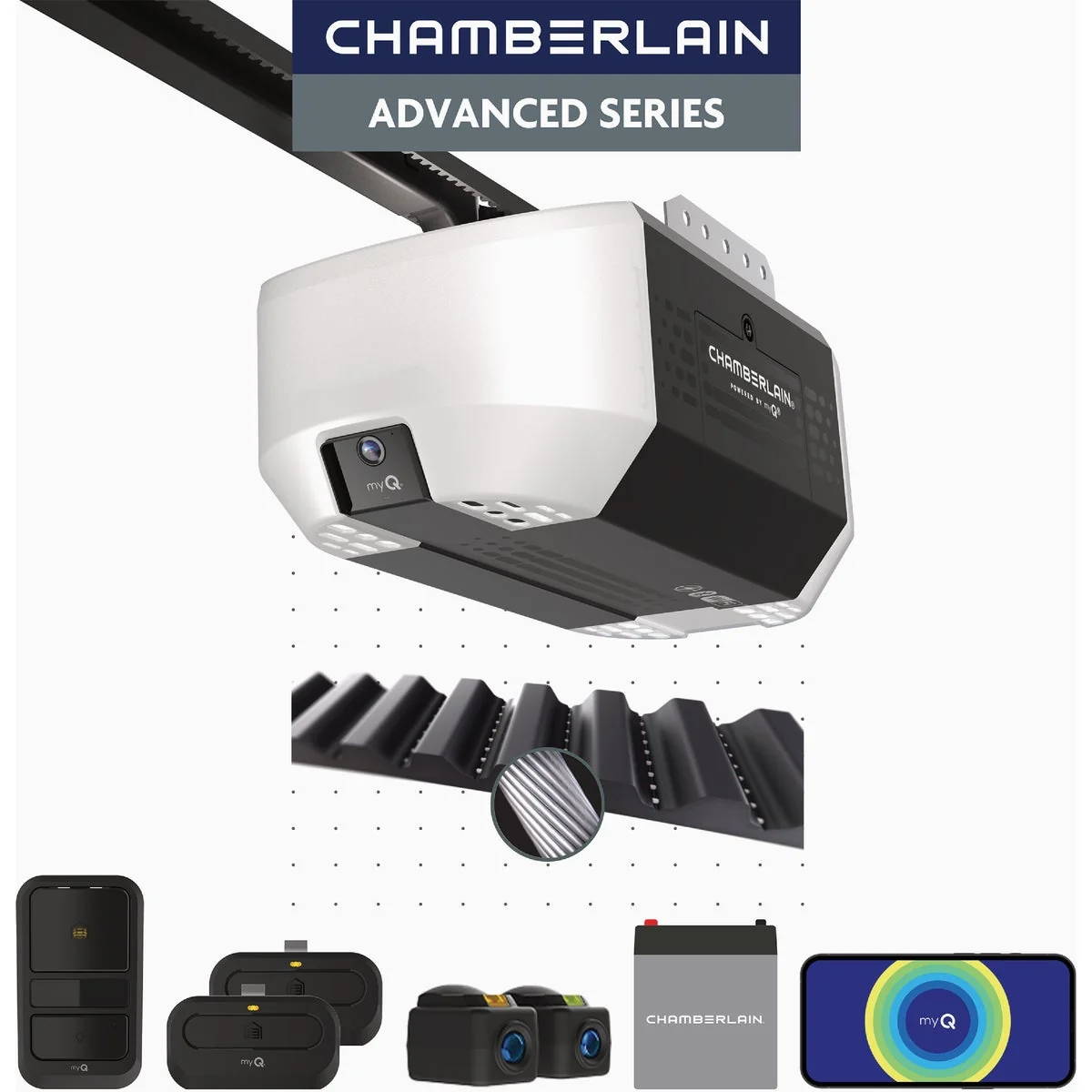Unique Chamberlain 3 4 HP Belt Drive Smart Garage Door Opener with Fixed Camera Battery Backup 2-Bulb Lighting and myQ Connectivity Innovative