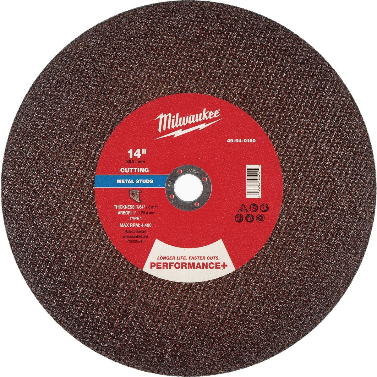 Secure Milwaukee Type 1 14 In. x 7 64 In. x 1 In. Performance-Plus Stud Cutter Metal Cut-Off Wheel Powerful