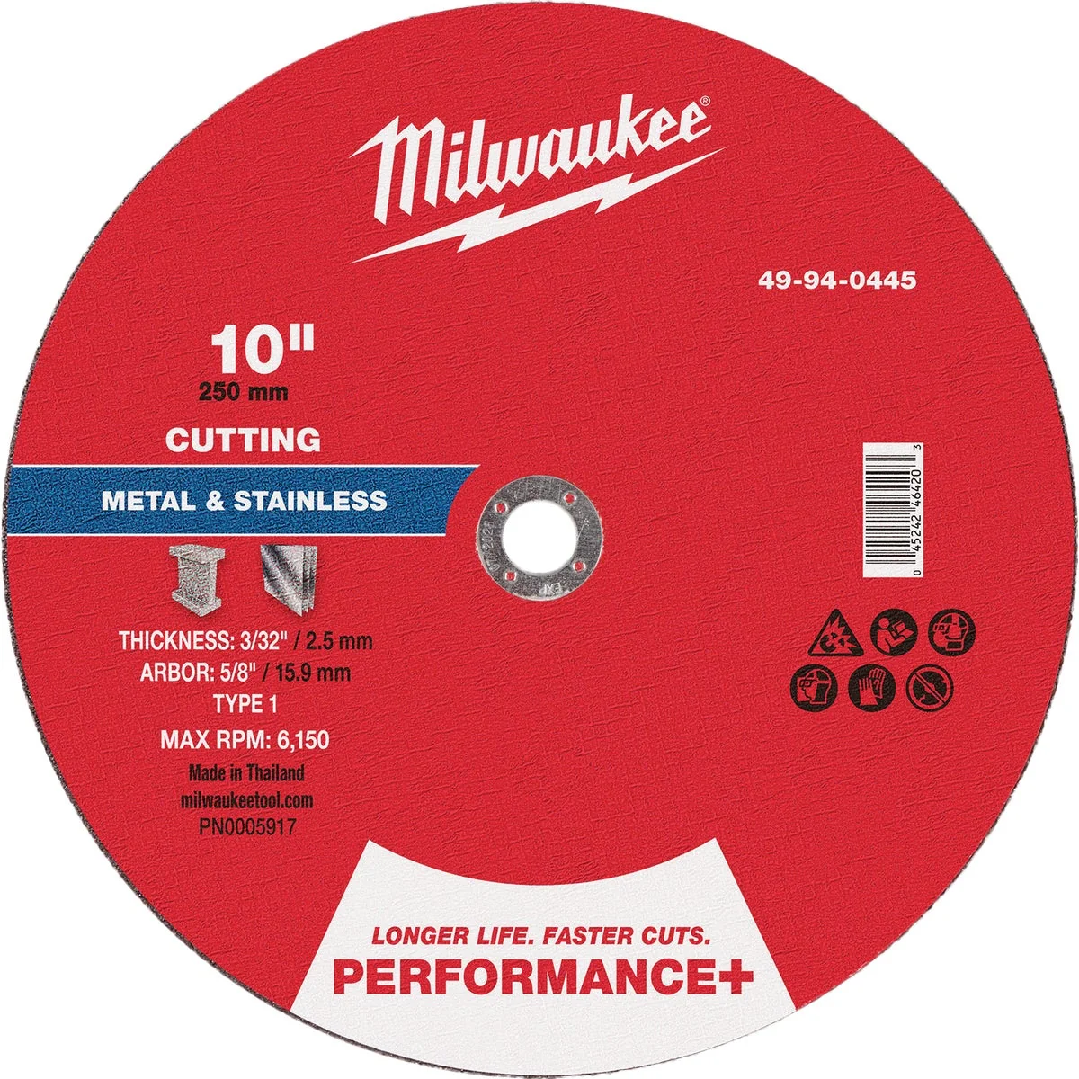 Long-Lasting Milwaukee Type 1 10 In. x 3 32 In. x 5 8 In. Performance-Plus Metal Cut-Off Wheel Natural