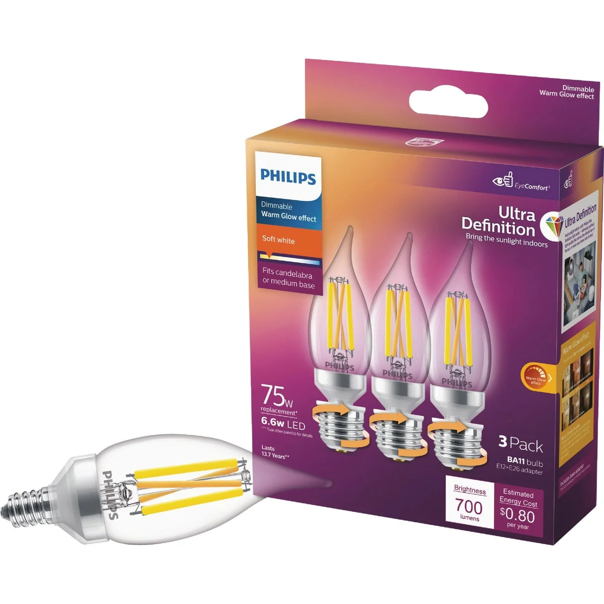 Unique Philips Ultra Definition 75W Equivalent Soft White BA11 Adjustable Base E12 E26 LED Decorative Light Bulb 3-Pack Breathable