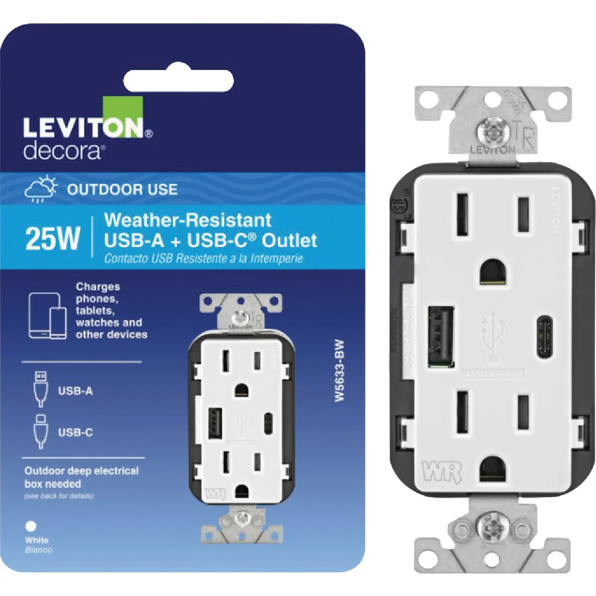 Expertly Made Leviton Decora 15A White 5.1A Type A C USB 5-15R Weather Tamper-Resistant In-Wall Charger Duplex Outlet Premium