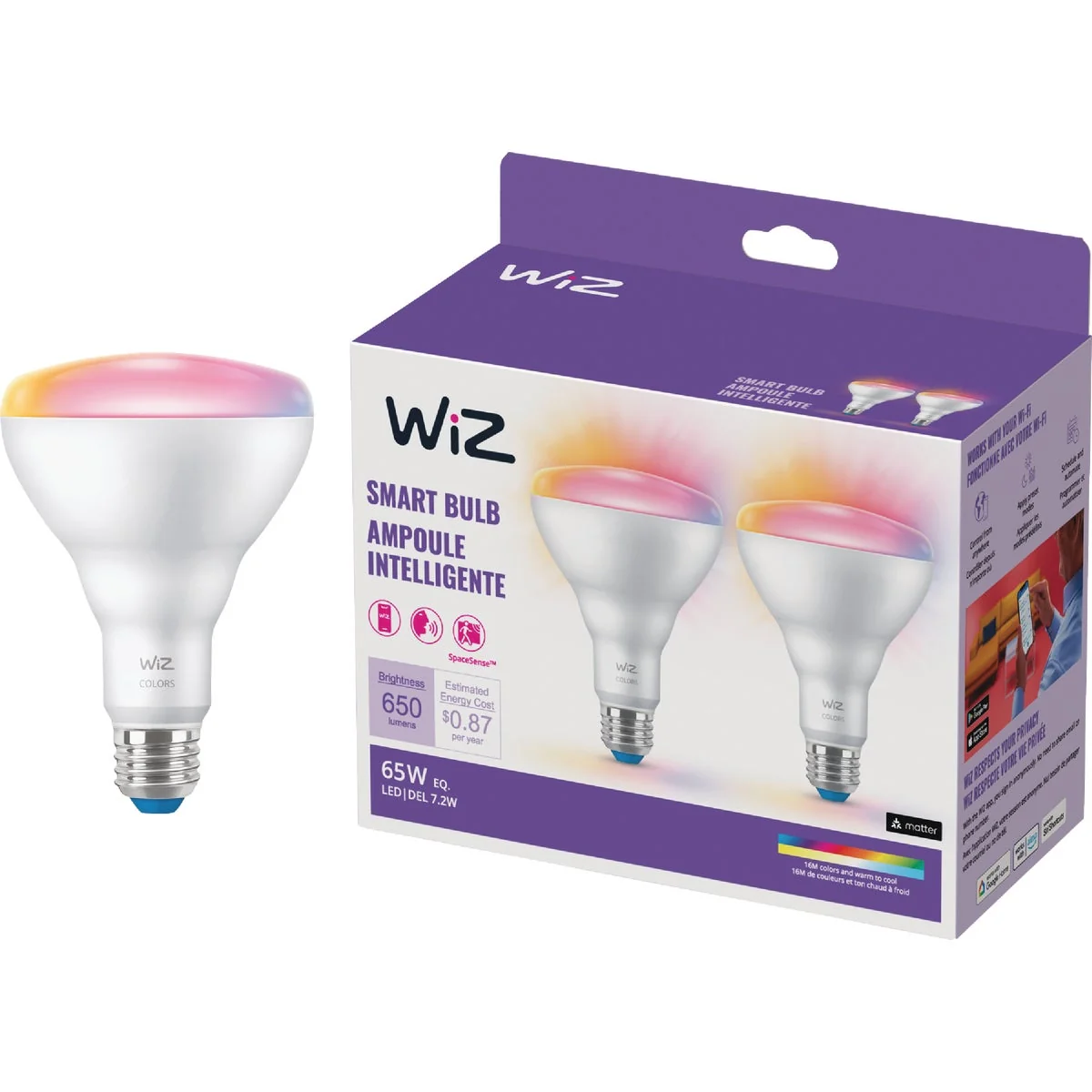 Sophisticated Wiz 65W Equivalent BR30 Medium Smart LED Light Bulb 2-Pack Solid