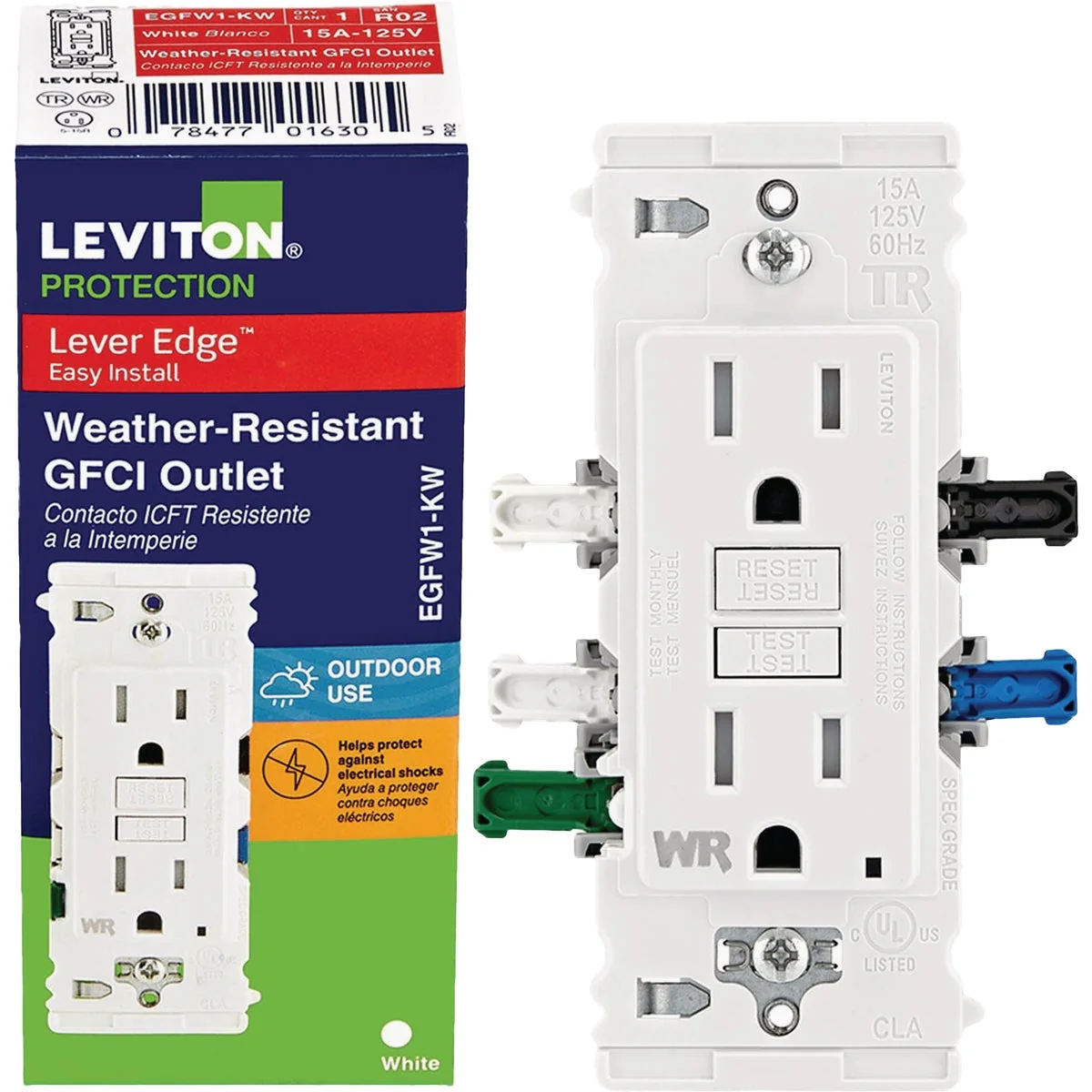 Consistent Leviton Lever Edge Self-Test 15A Tamper Weather-Resistant GFCI Duplex Outlet Traditional