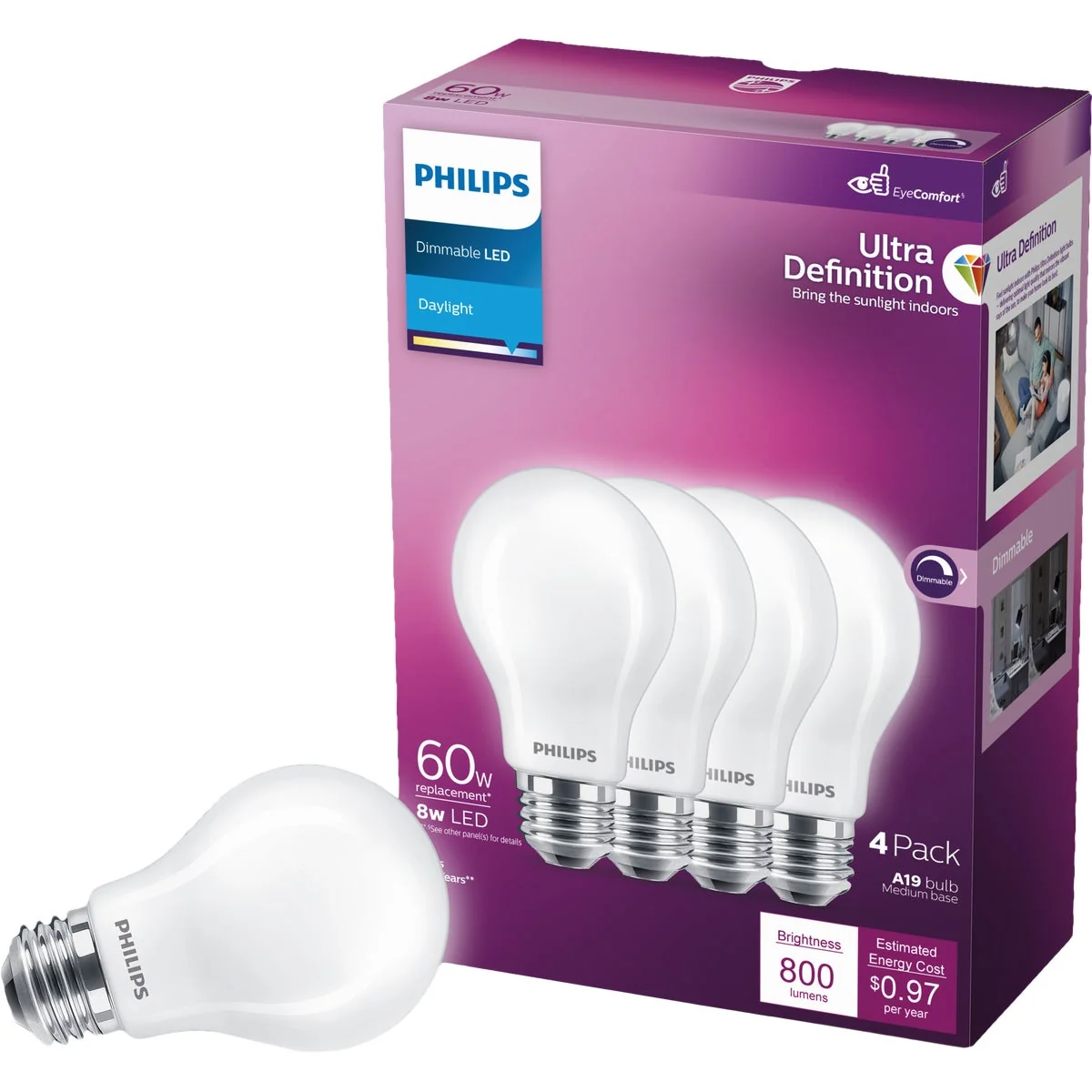 Natural Philips Ultra Definition 60W Equivalent Daylight A19 Medium LED Light Bulb Frosted 4-Pack Relaxed