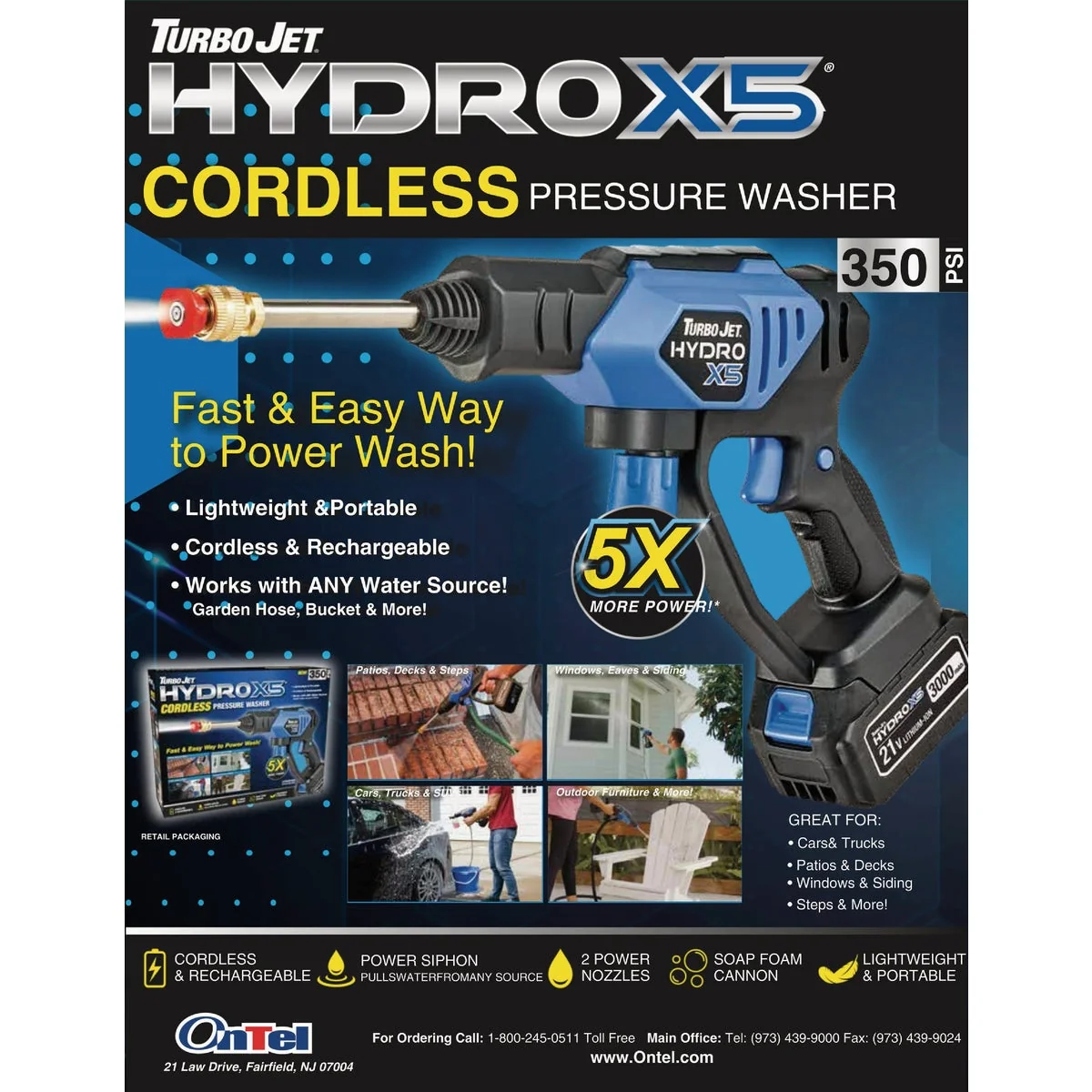 Unique Turbo Jet Hydro X5 350 PSI Cordless Power Cleaner with 21V Battery Charger Enhanced