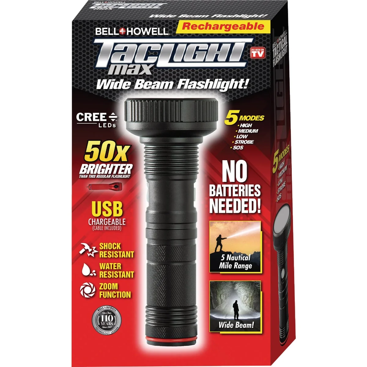 Functional Bell Howell TacLight Max Wide Beam Rechargeable Flashlight Classic