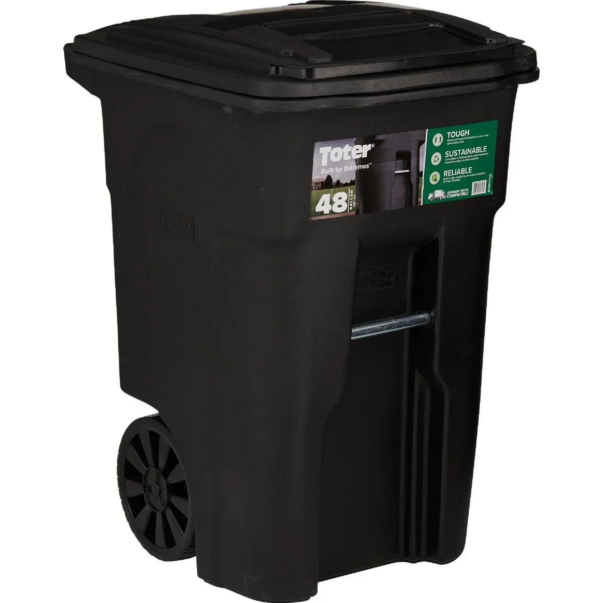 Versatile Toter 48 Gal. Black Outdoor Trash Can With Attached Lid and Wheels Genuine