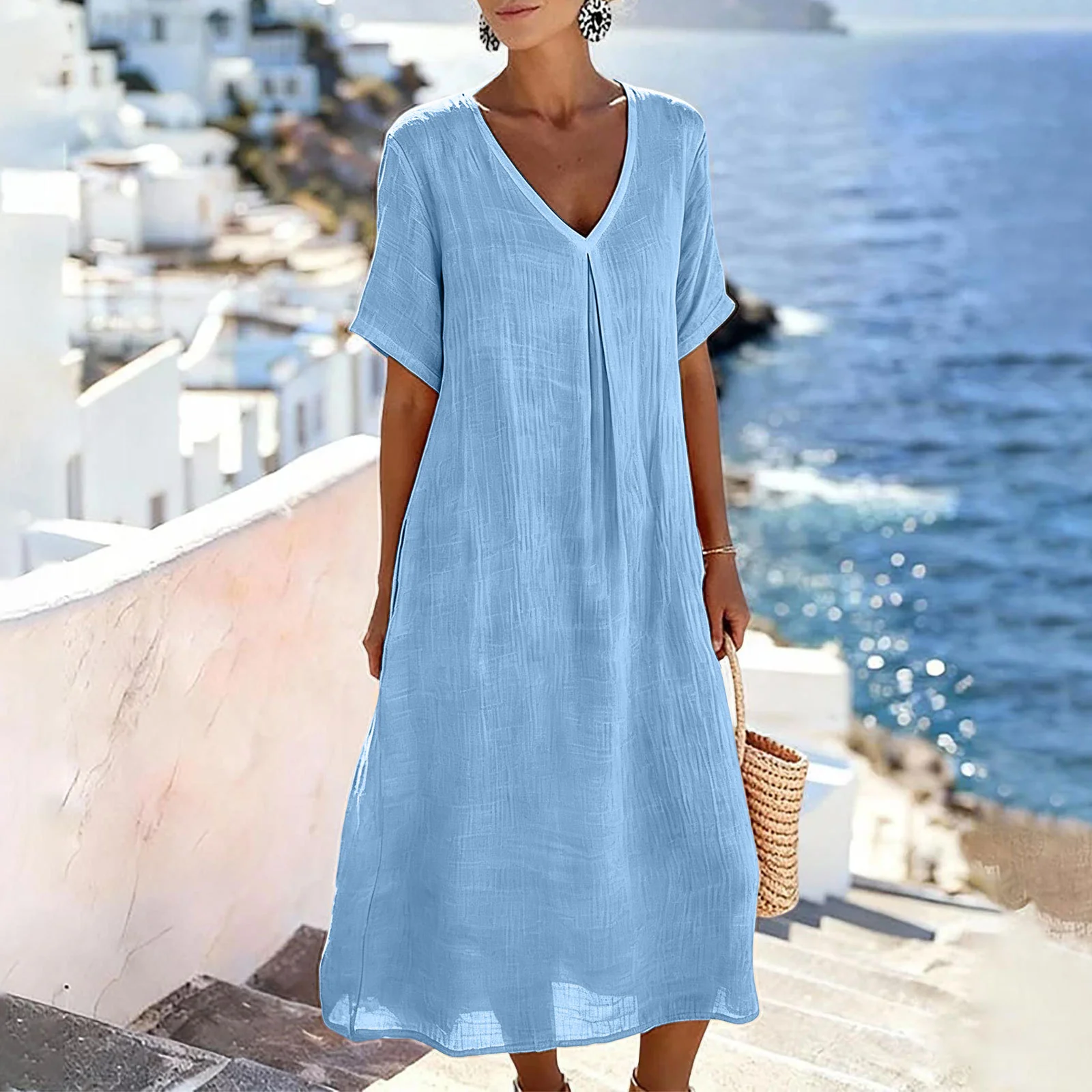 Top-Quality Women's Cotton Linen Dress – V-Neck Pocket Short Sleeve Maxi Natural