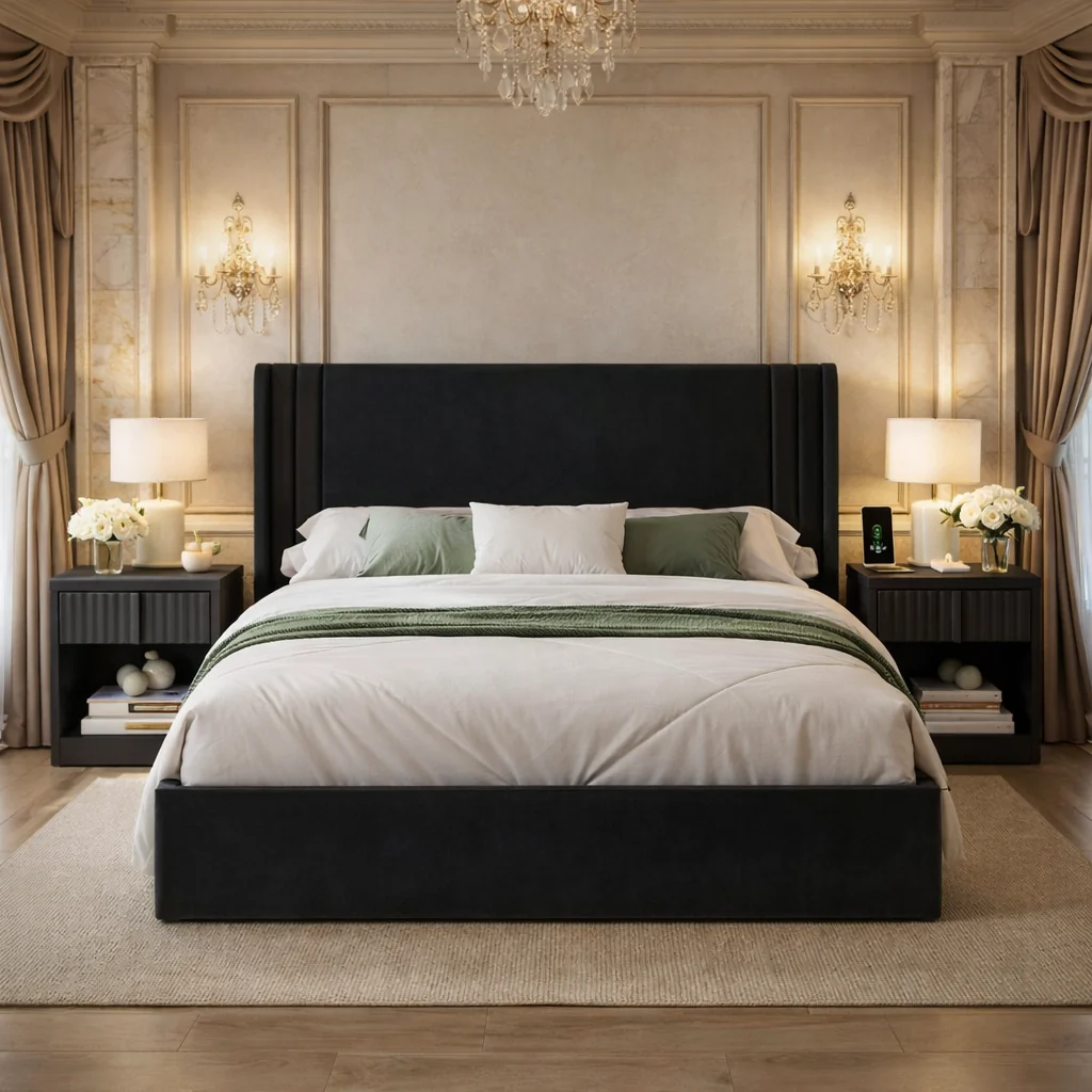 Organic Queen Velvet Wingback Bed with 2 Fluted Nightstands Set Black Upholste Clean