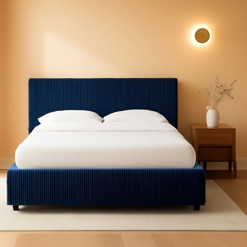 Trendy Navy Corduroy Queen Bed With Headboard Tufting Detail Recyclable