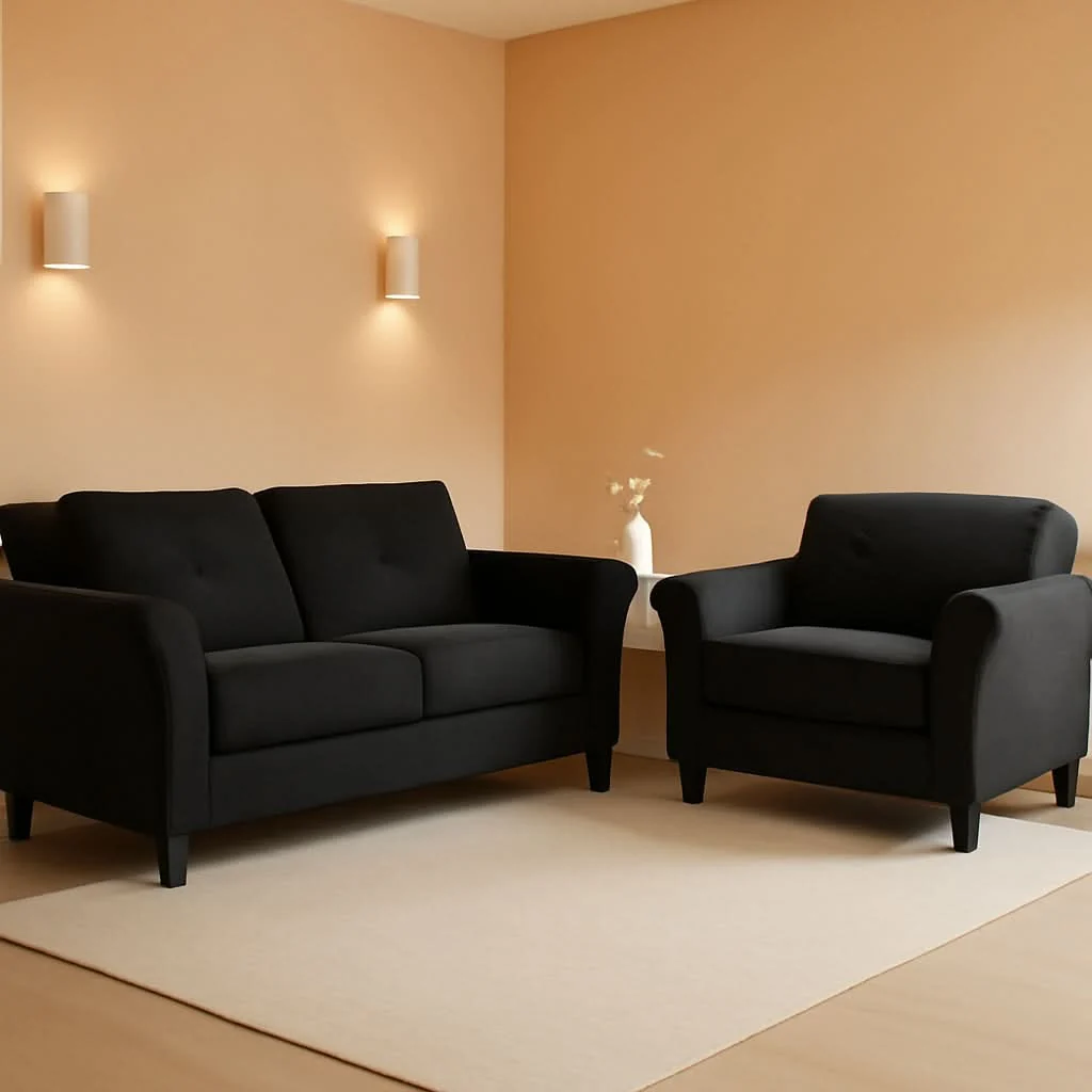 Long-Lasting 2 Piece Living Room Sofa And Loveseat Set In Black Microfiber Upholste Minimalist