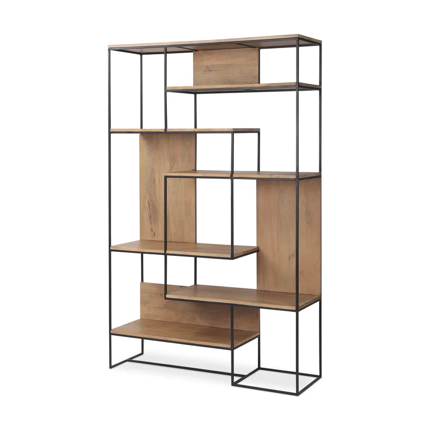 Practical Morris Light Brown Wood w Black Metal Frame 6-Tier Shelving Unit High-Quality