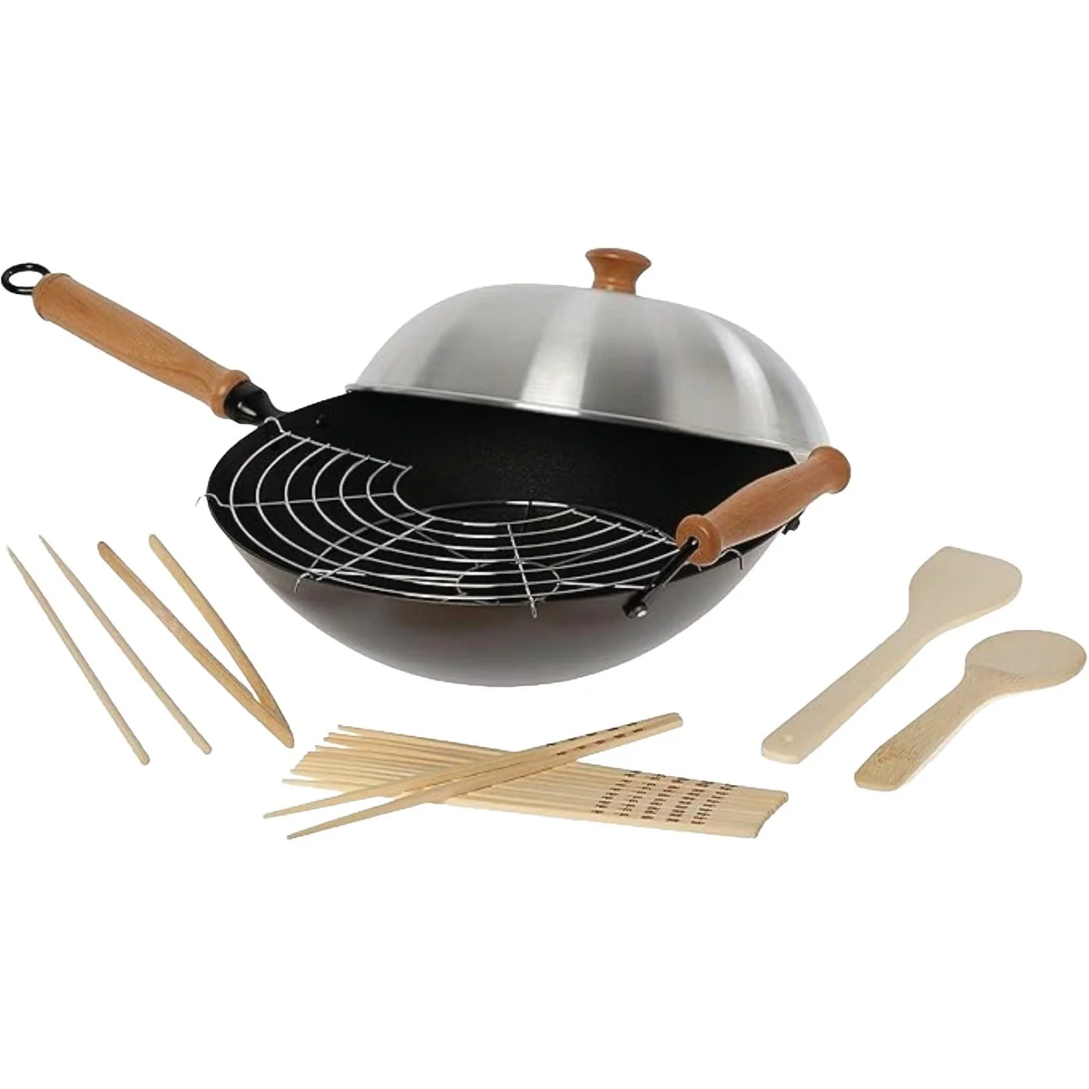 Fine Crafted Joyce Chen Professional Series 14 In. Carbon Steel Excalibur Nonstick Flat Bottom Wok Set with Lid and Maple Handles 10-Pc. Elegant
