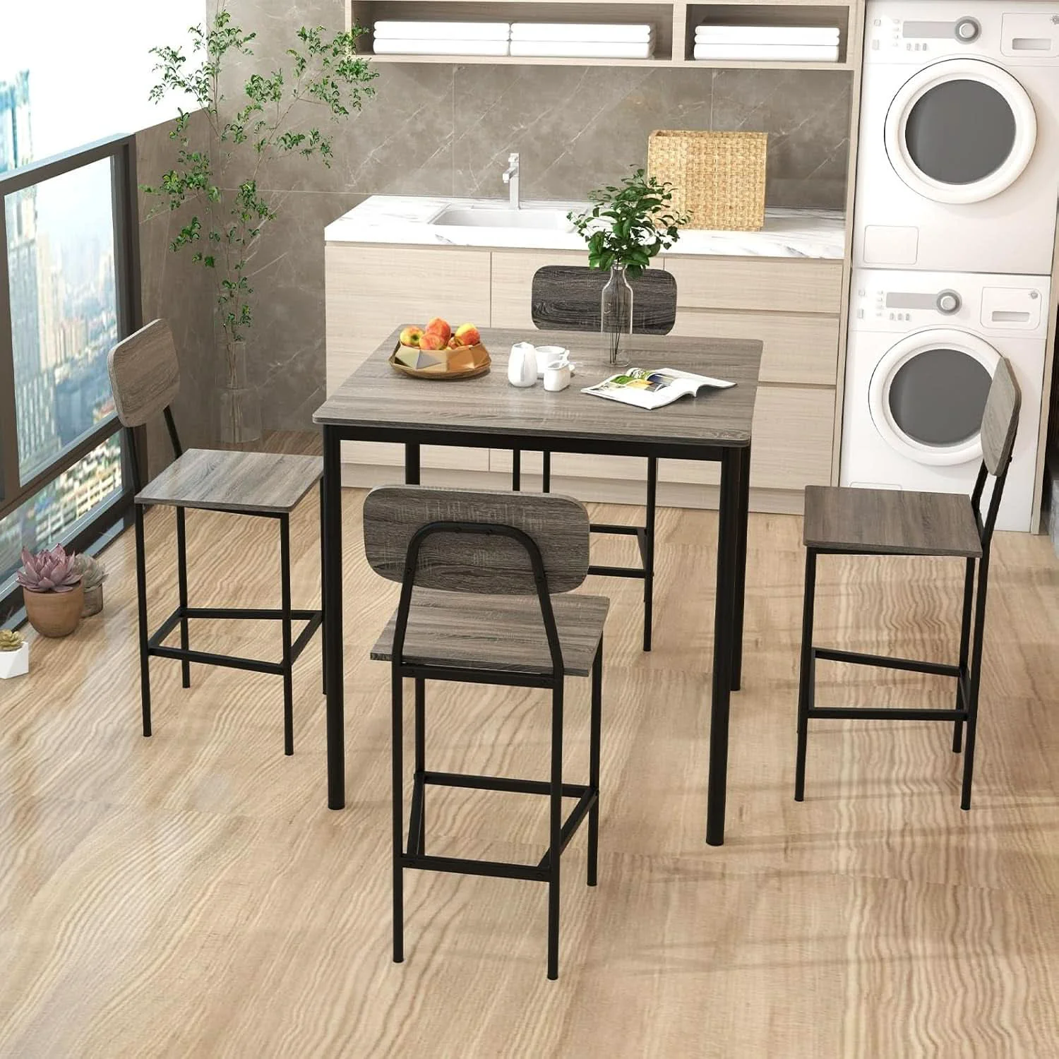 Classic 5 Piece Counter Height Dining Table Set Black Oak Stools Green