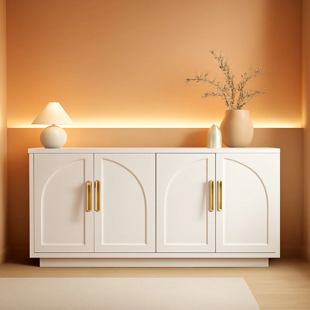 Green 59-Inch Arched Buffet Cabinet Beige Finish With Adjustable Shelves Reusable