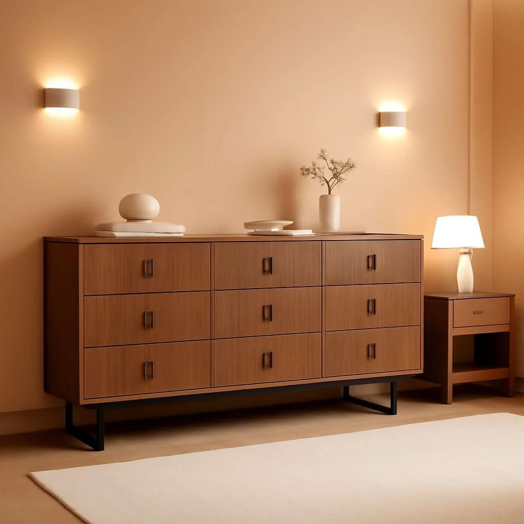 Stylish Walnut Nine Drawer Dresser Anti Tipping Reinforcement Green