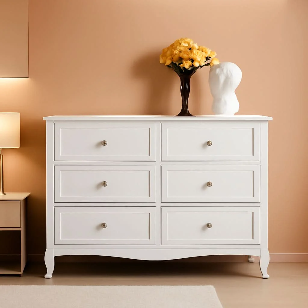 Professional White Six Drawer Dresser Grooved Front ContouredProfile Lightweight
