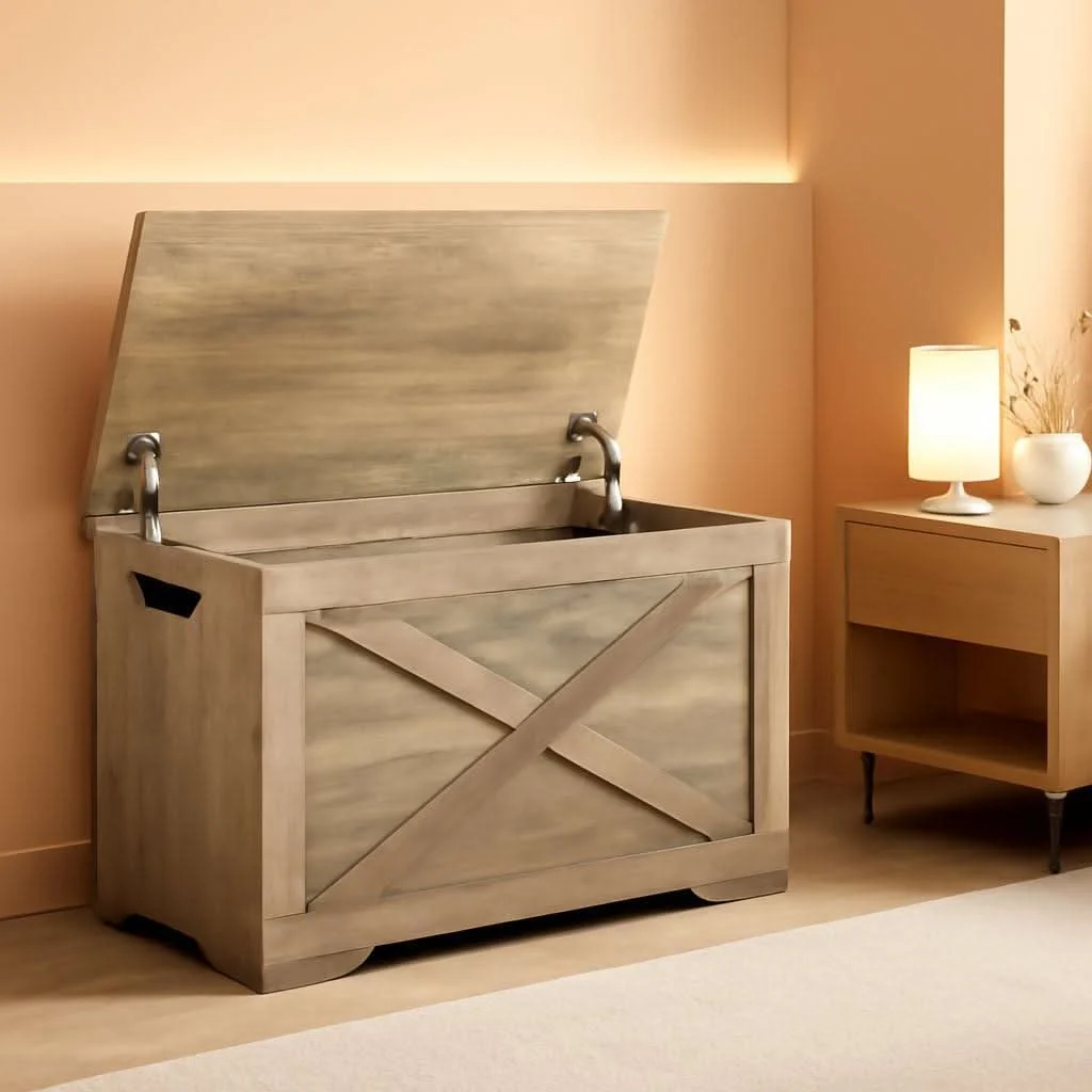Powerful Grey Weathered Hardwood Storage Chest Bench Hinges Fine Crafted