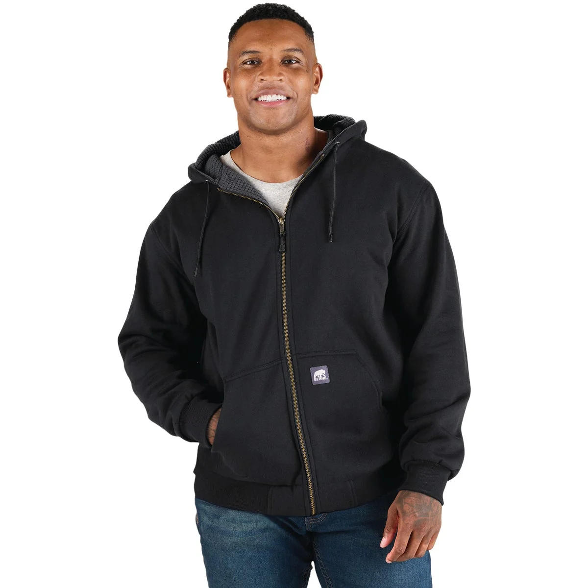 Exclusive Berne Heritage Grid 2XL Black Fleece-Lined Full-Zip Hooded Sweatshirt Selected