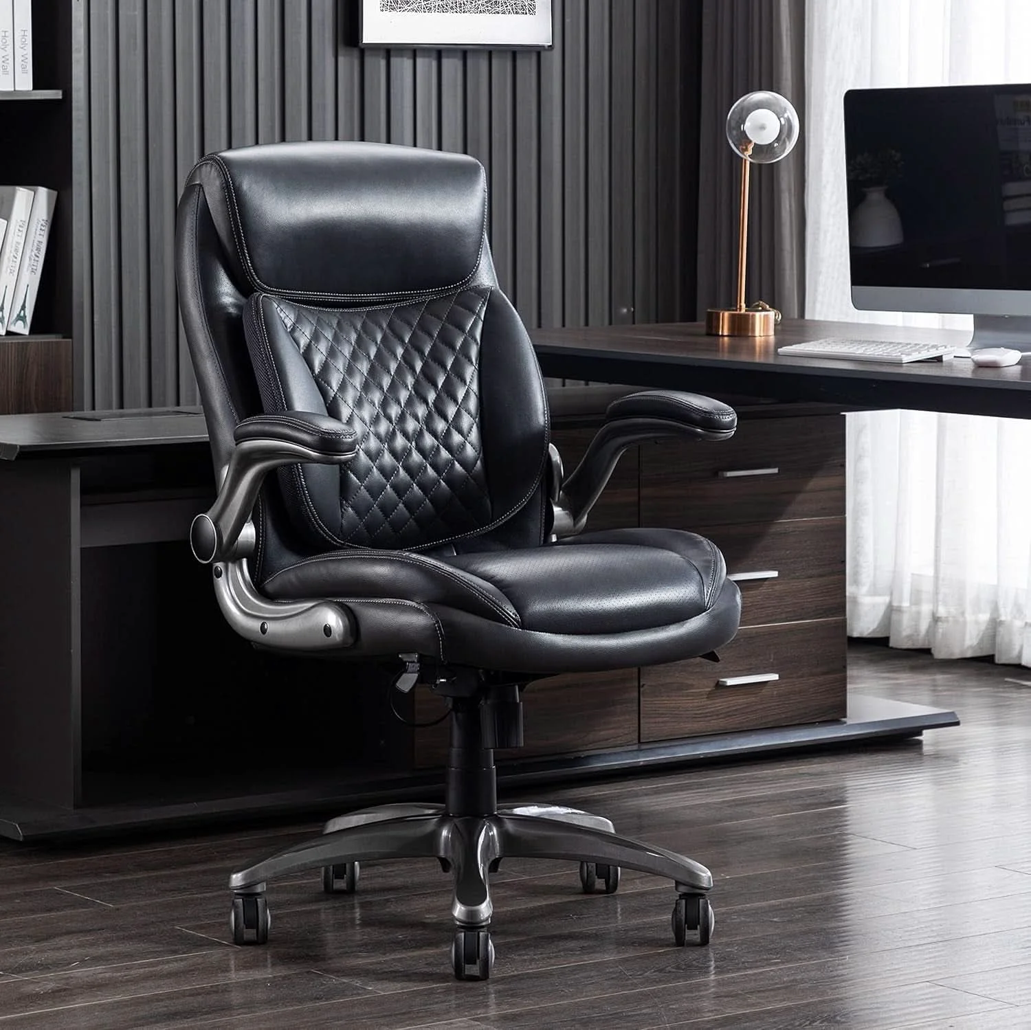 Reusable Ergonomic Grey Leather Desk Chair With Adjustable Height Expertly Made