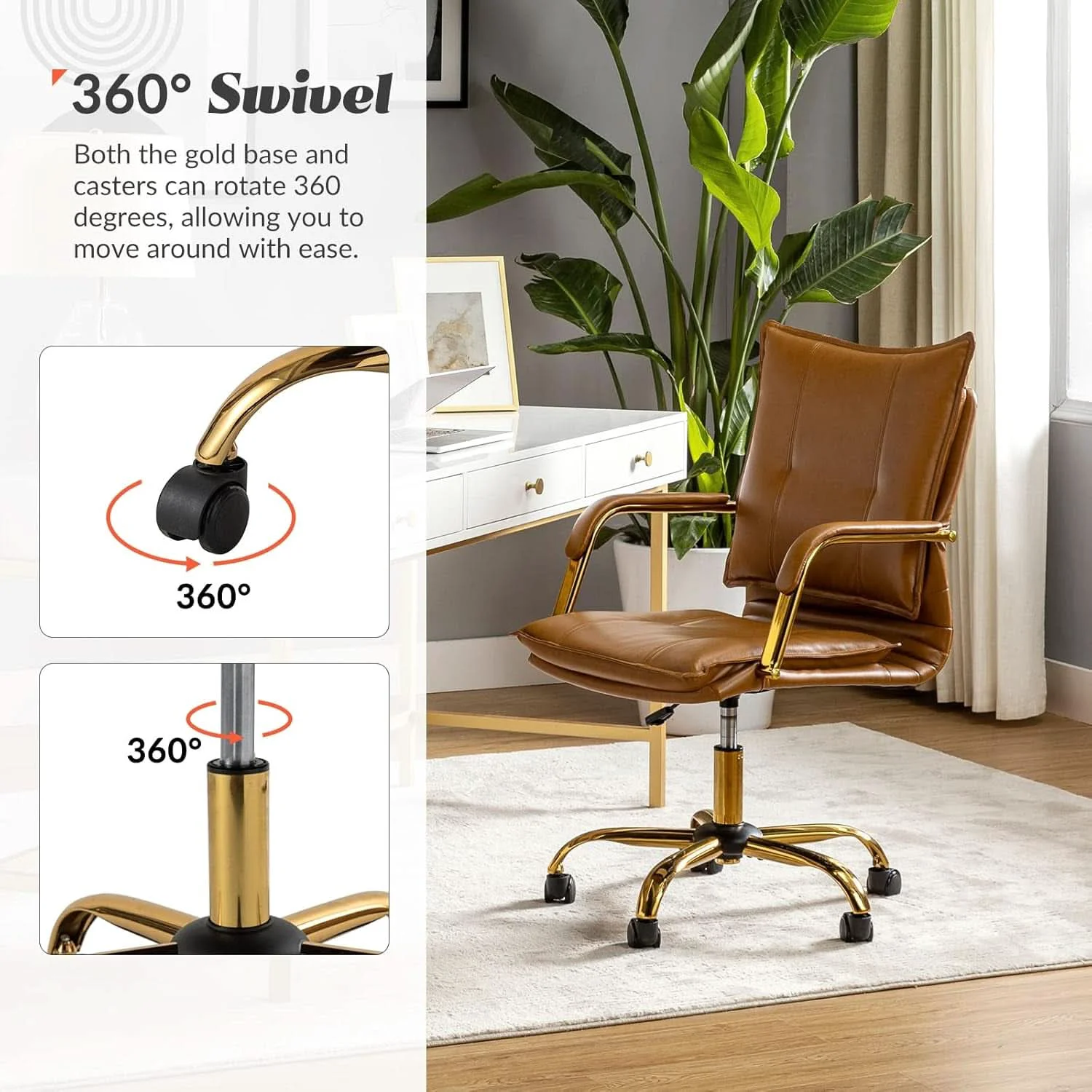 Relaxed Adjustable Faux Leather Desk Chair With Golden Legs Camel Selected
